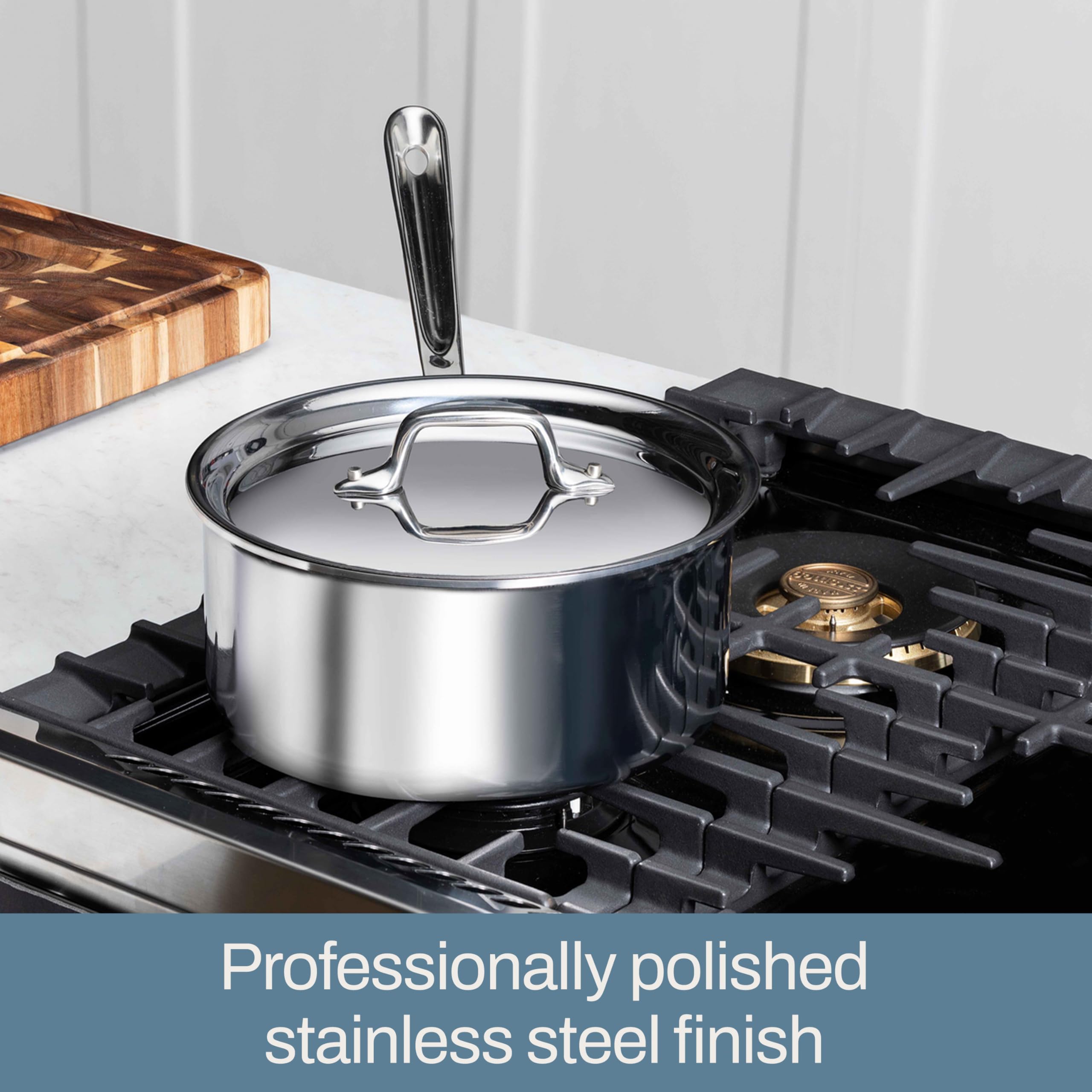 All-Clad D3 saucepan double-riveted handle detail for secure grip and balanced control
