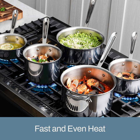 All-Clad D3 saucepan interior surface showing stainless steel finish and easy deglazing