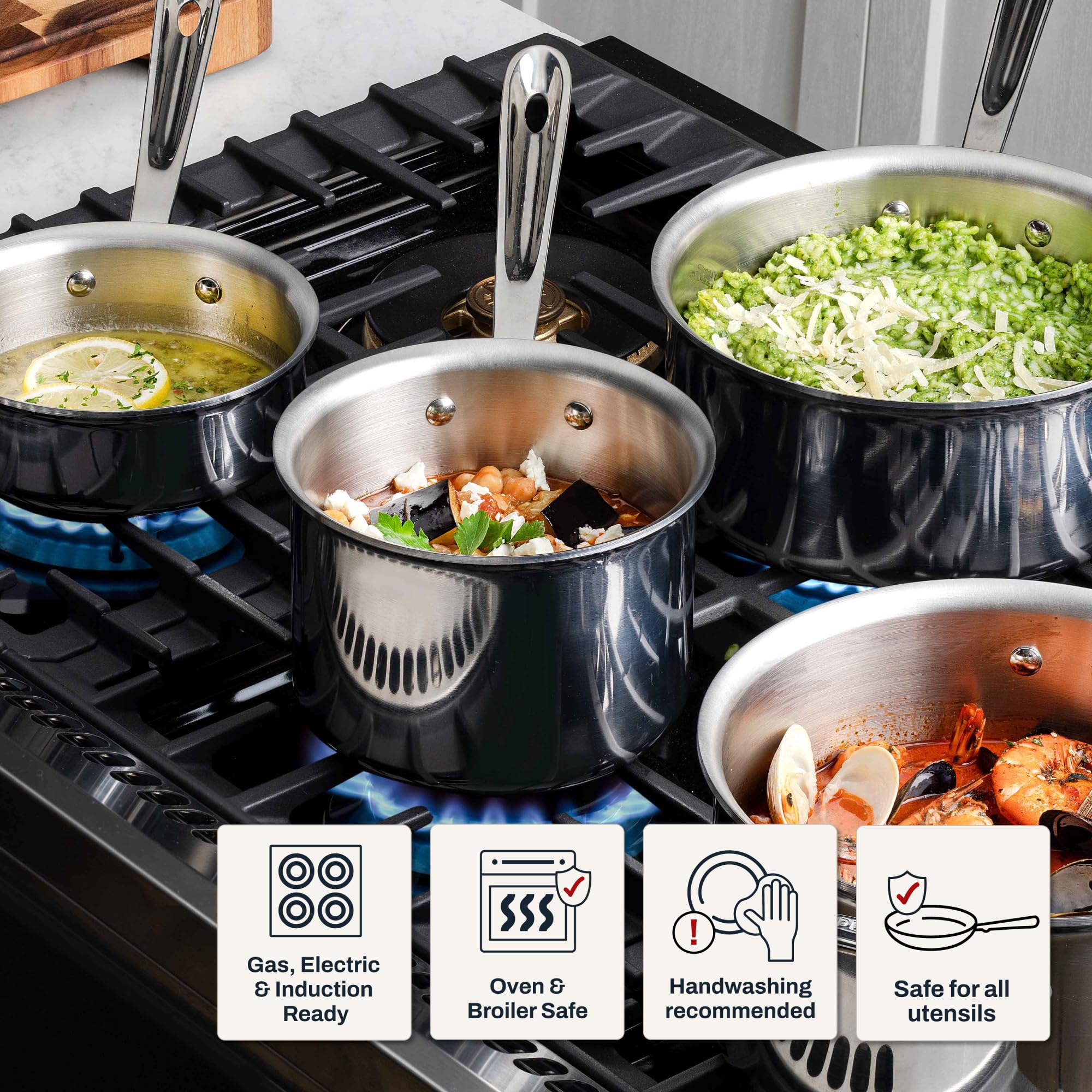 All-Clad D3 on induction stovetop illustrating compatibility and fast heating benefit