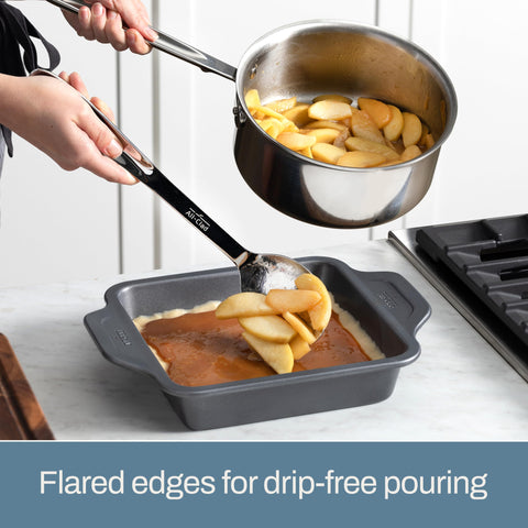 All-Clad D3 saucepan pouring demo with drip-free rim for cleaner transfers