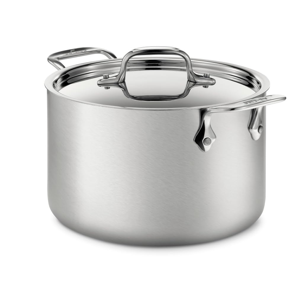 All-Clad D5 soup pot front view showing polished interior and lid, durable cooking performance