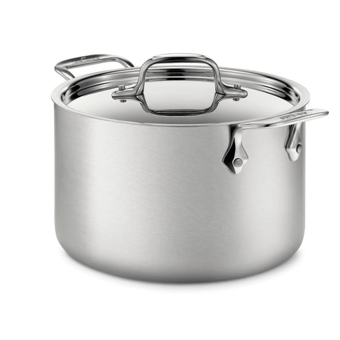 All-Clad D5 soup pot front view showing polished interior and lid, durable cooking performance