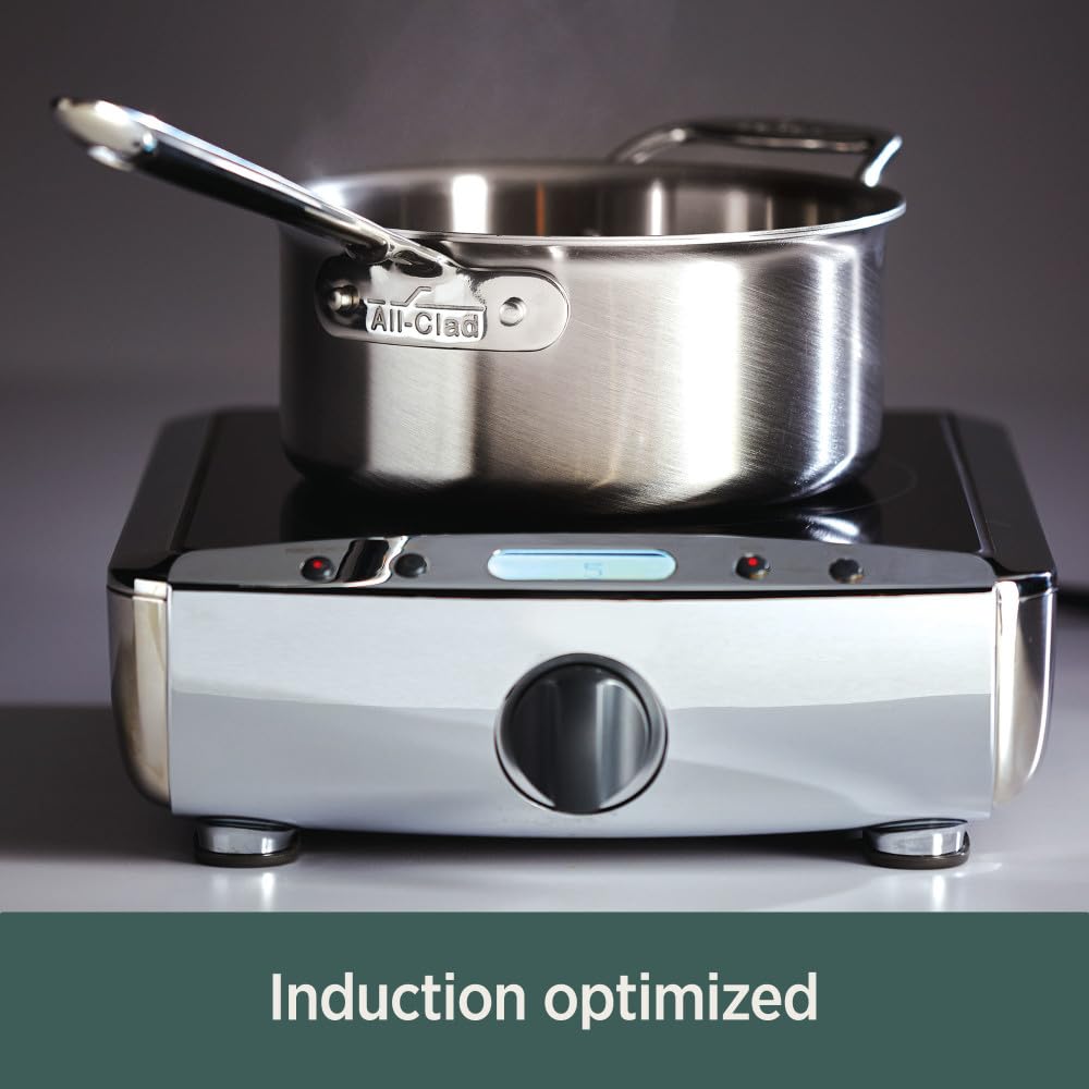 All-Clad tall sides and flared pouring rim detail, prevents drips when transferring liquids