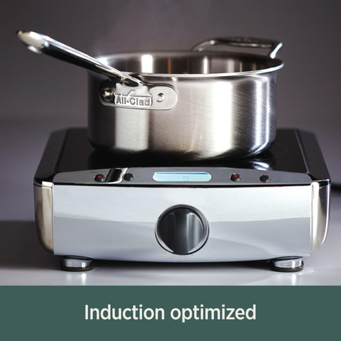 All-Clad tall sides and flared pouring rim detail, prevents drips when transferring liquids