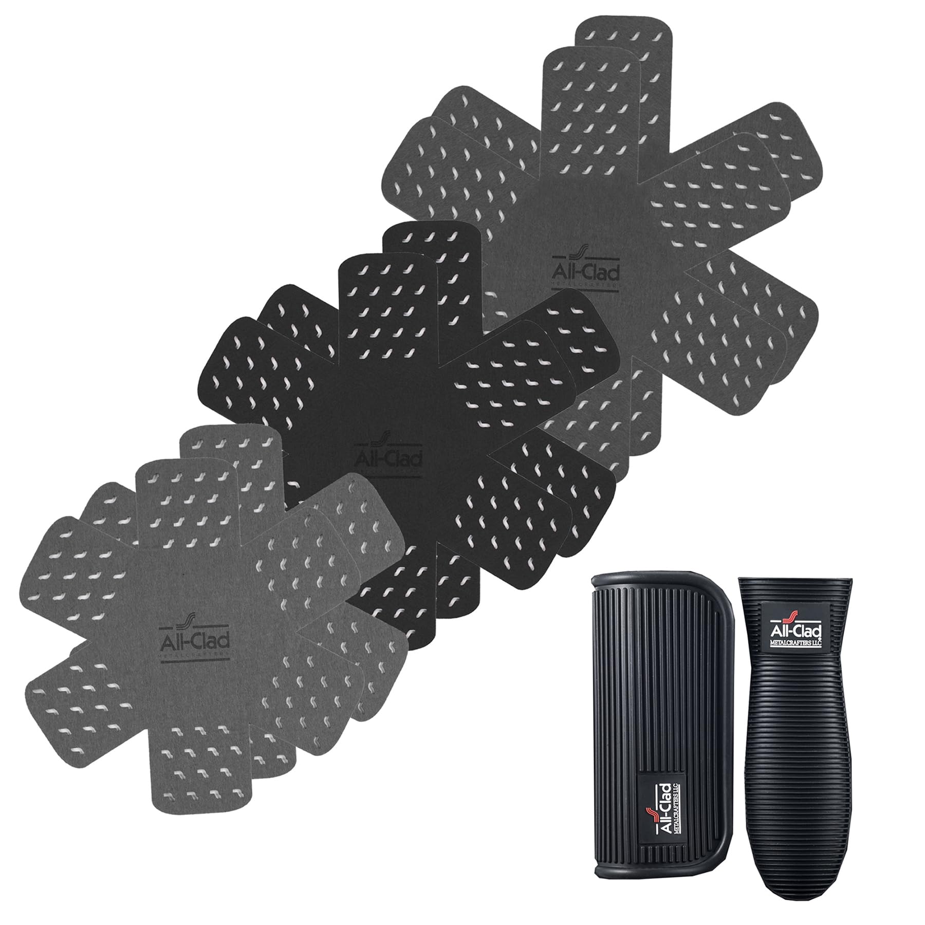 All-Clad front packaging showing complete protectors and grips set for organized storage