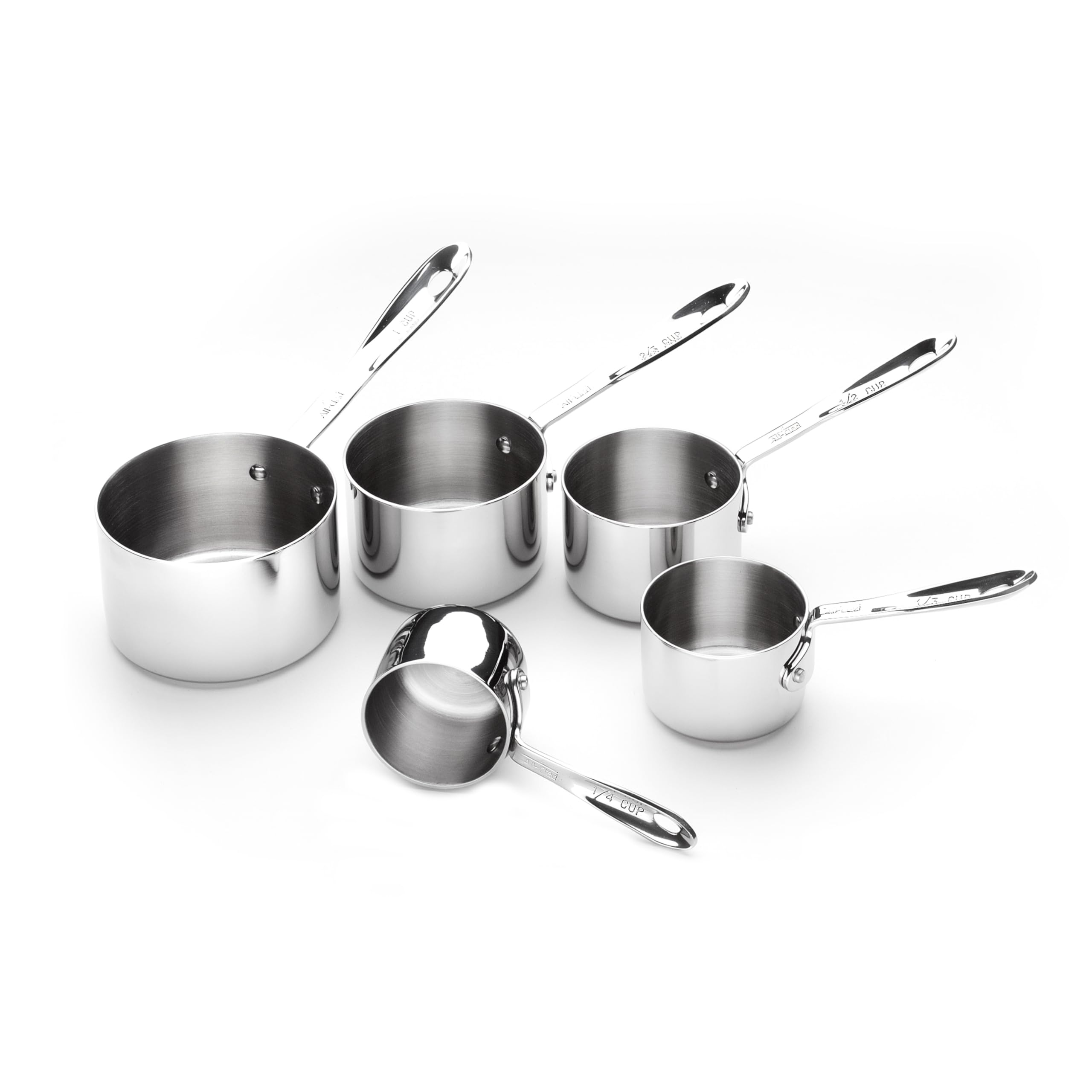 All-Clad front view of five-piece measuring cup set showing organization and durability