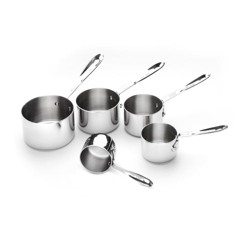 All-Clad front view of five-piece measuring cup set showing organization and durability
