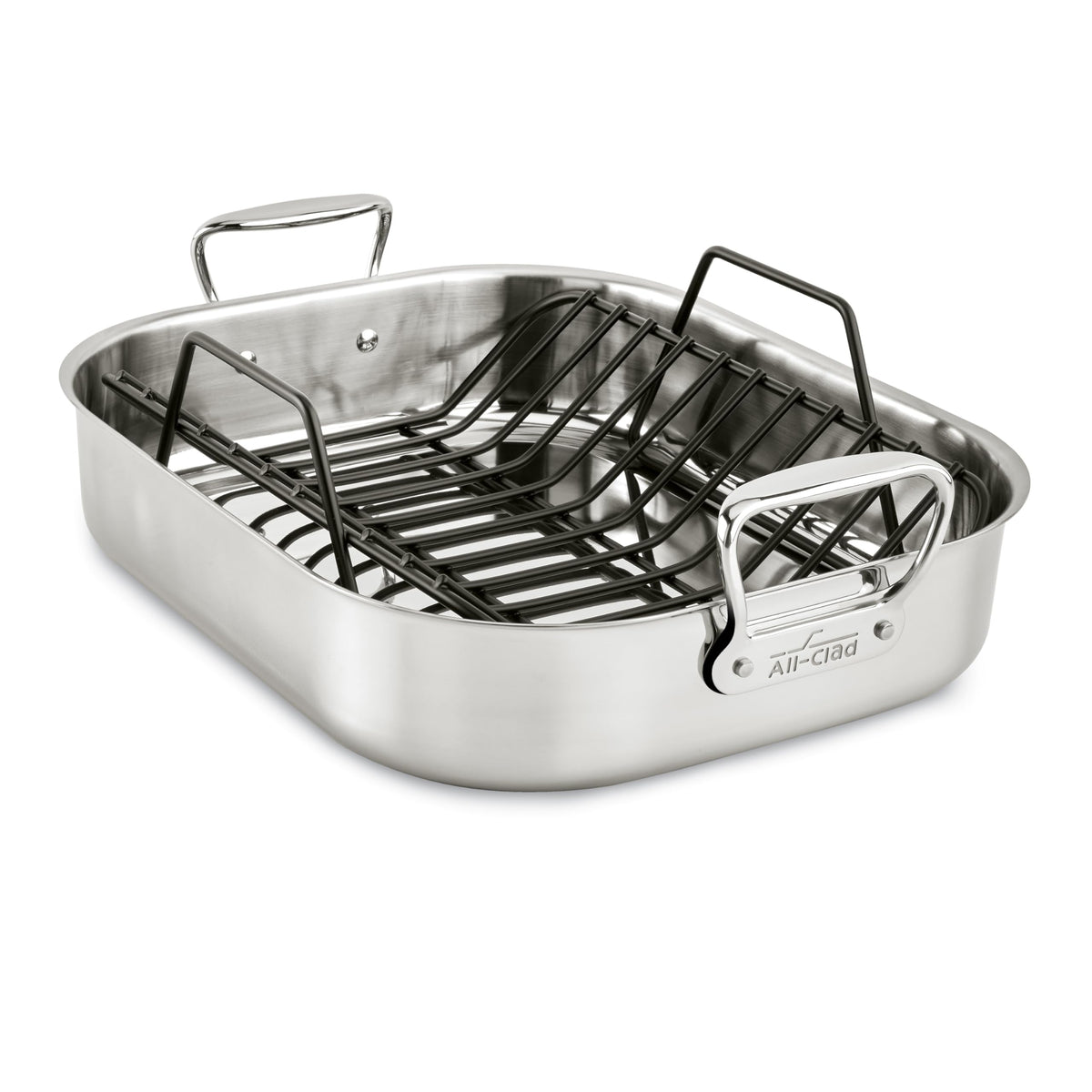 All-Clad front view roaster showing polished exterior and upright handles for secure lifting
