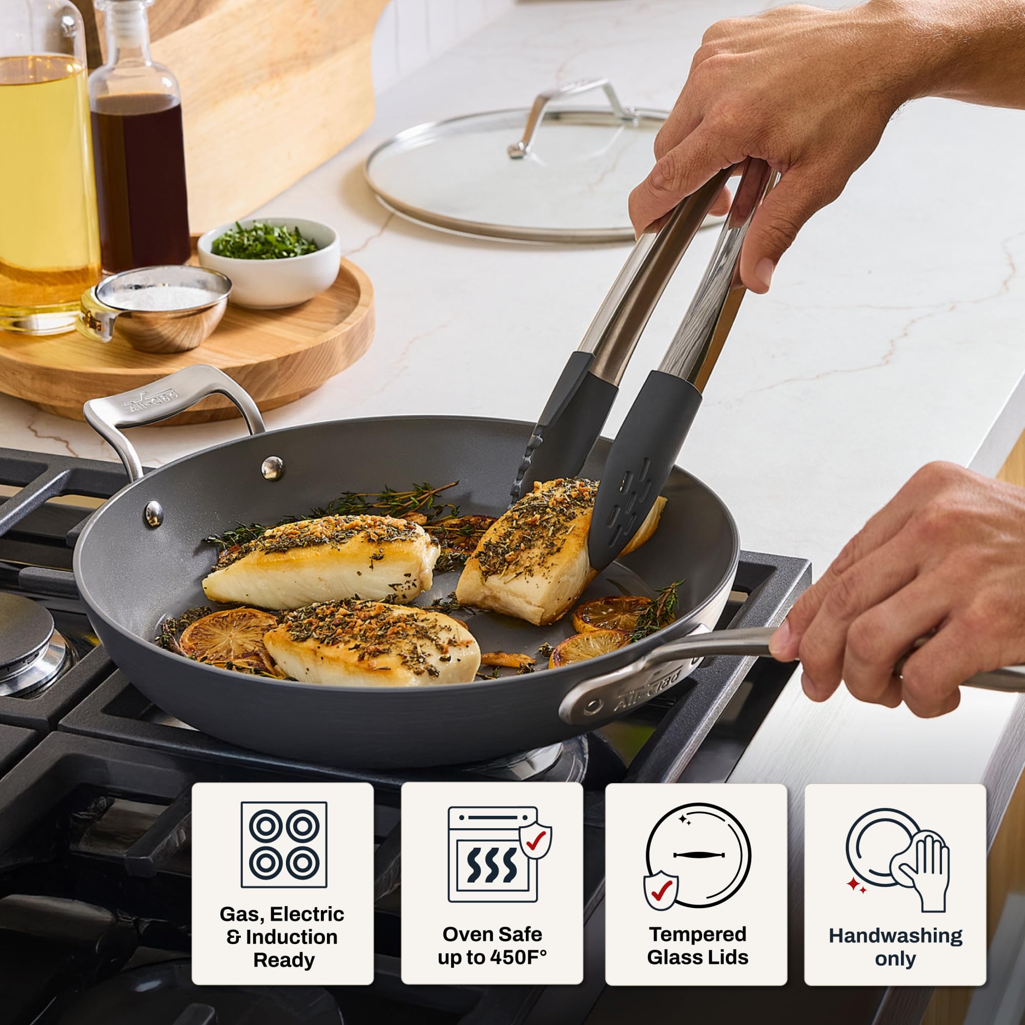 All-Clad HA1 comfort-grip handle and ProStack design for safe stacking and handling