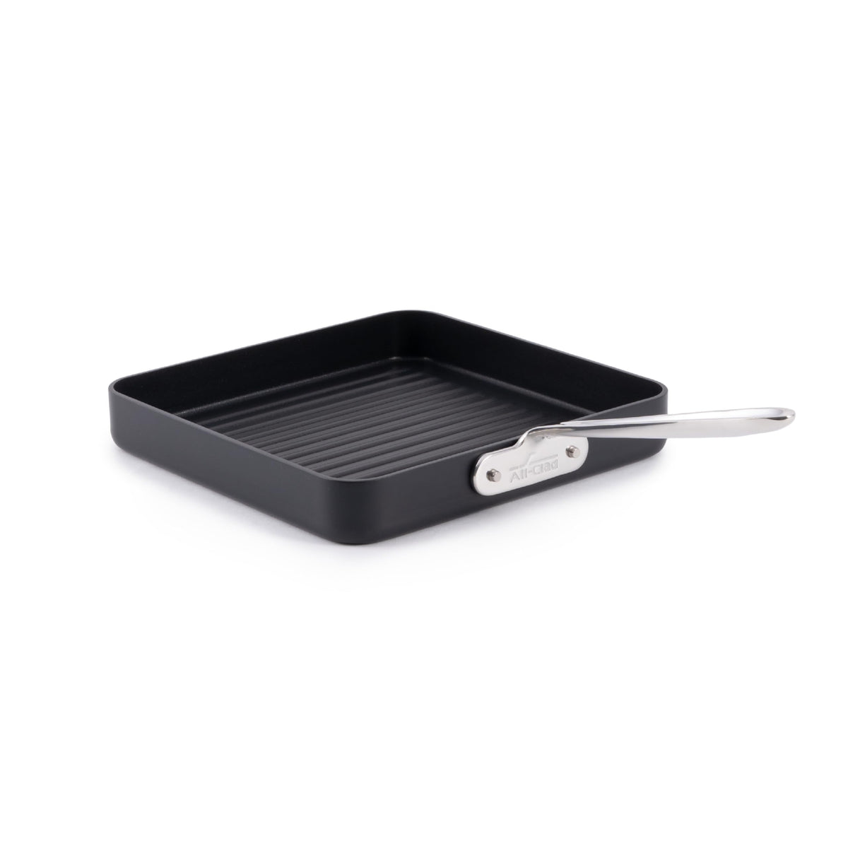 All-Clad HA1 front view showing square grill pan and polished handle, delivers reliable searing
