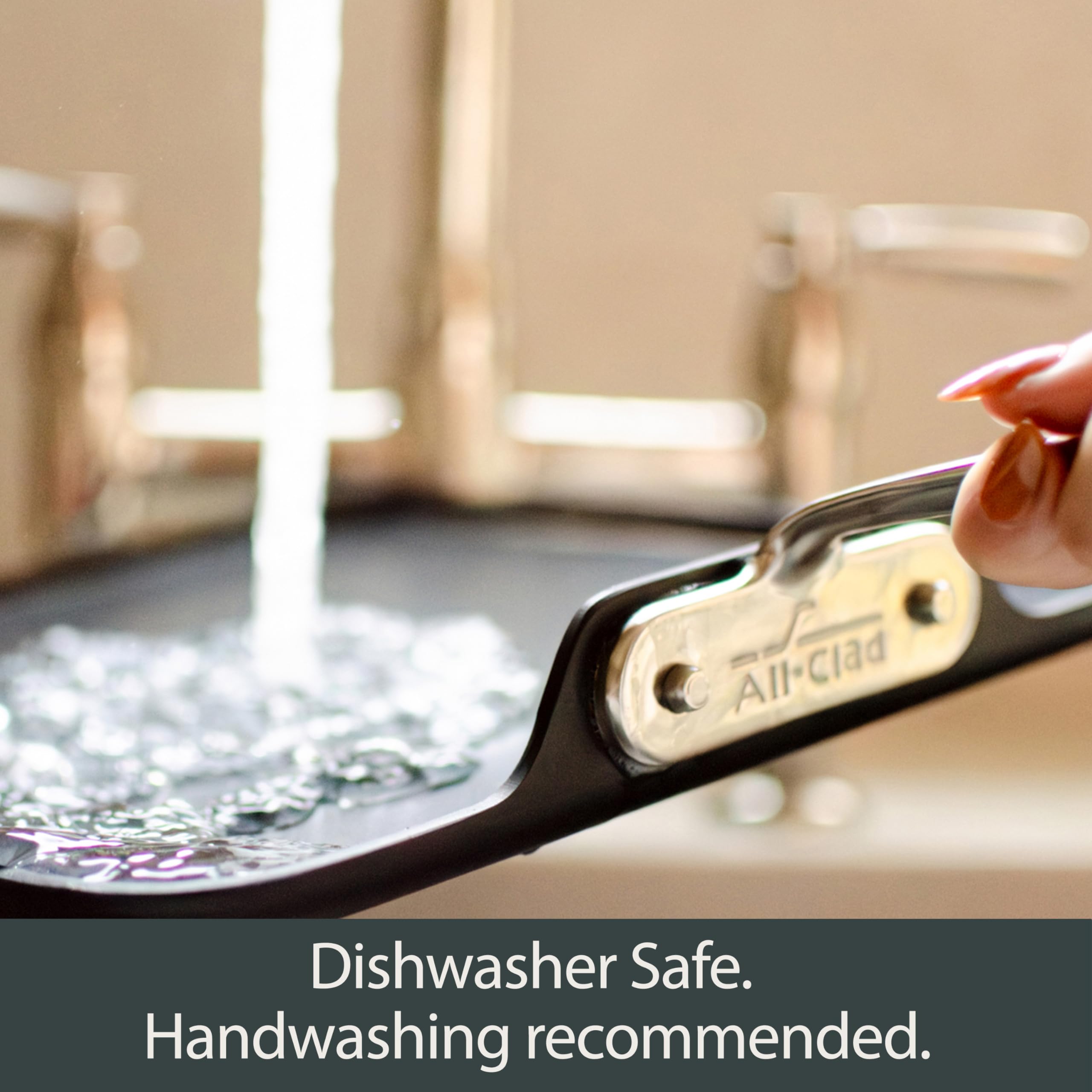 All-Clad HA1 double-riveted stainless steel handle detail for secure, comfortable grip