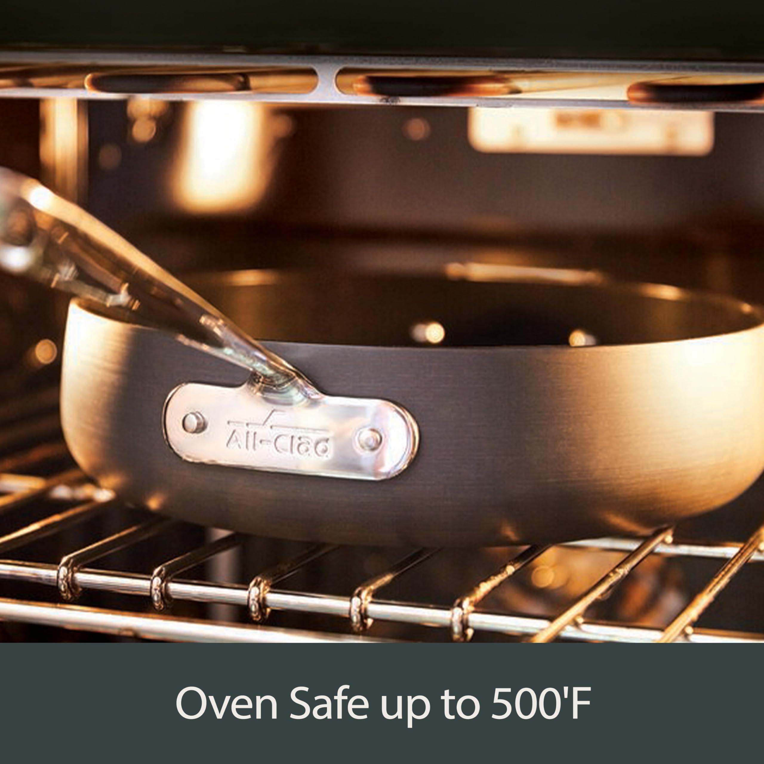 All-Clad HA1 inside oven finishing dish, oven-safe up to high temperatures for versatility
