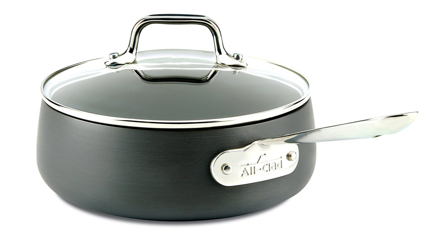 All-Clad saucepan front view showing nonstick surface and secure handle, easy cleanup