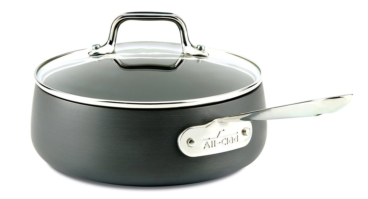 All-Clad saucepan front view showing nonstick surface and secure handle, easy cleanup