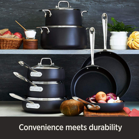 All-Clad saucepan with glass lid on stovetop demonstrating induction compatibility and visibility