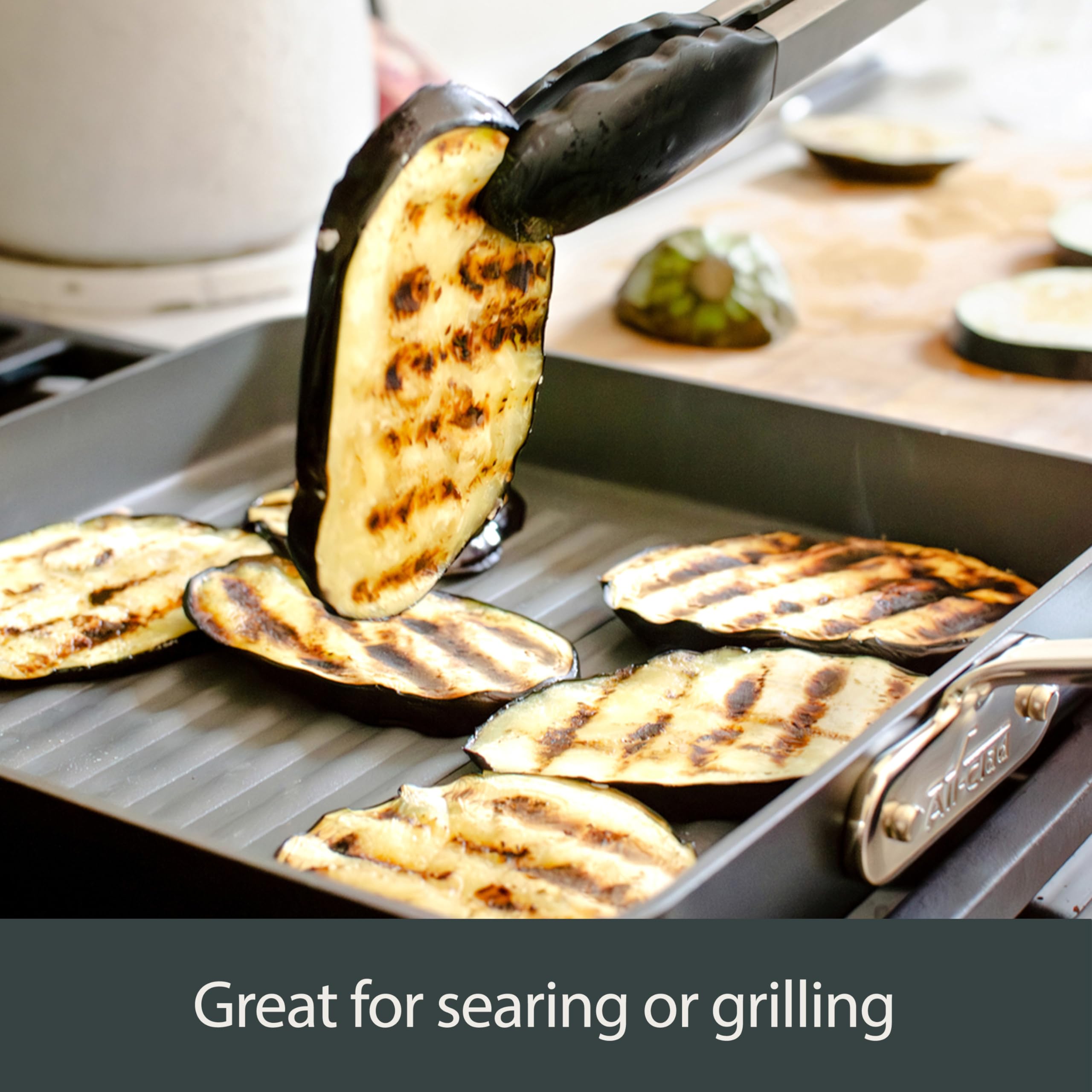 All-Clad HA1 with seared steak showing distinct grill marks and even browning benefit