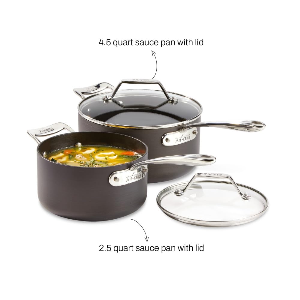 All‑Clad HA1 side profile of saucepans with lids demonstrating tight fitting seal