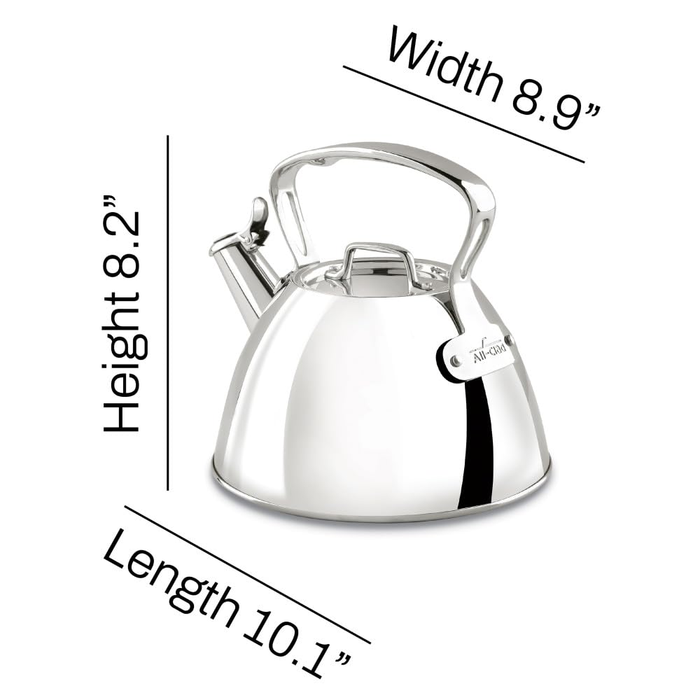 All‑Clad kettle next to mug showing 2 quart capacity and kitchen scale