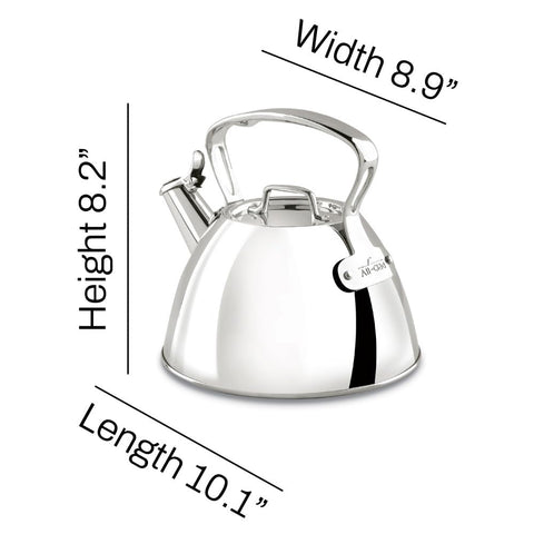 All‑Clad kettle next to mug showing 2 quart capacity and kitchen scale