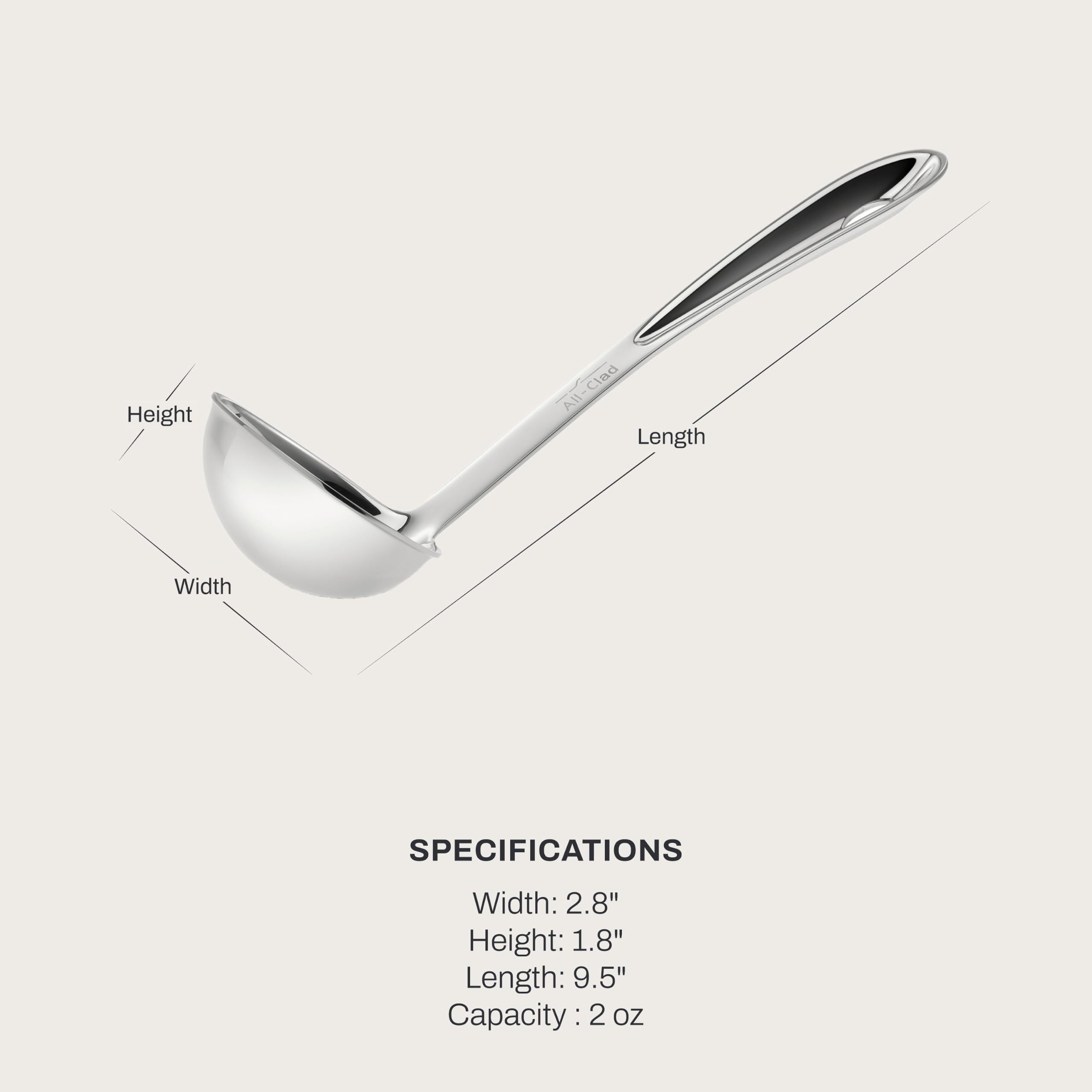 All-Clad ladle bowl close-up highlighting smooth 18/10 stainless finish and easy pouring