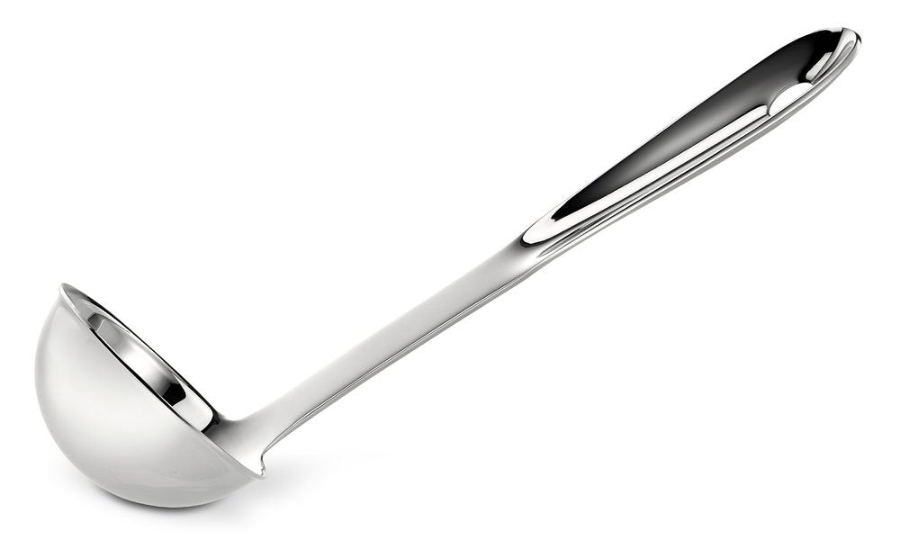All-Clad ladle front view showing polished bowl and ergonomic handle for precise serving