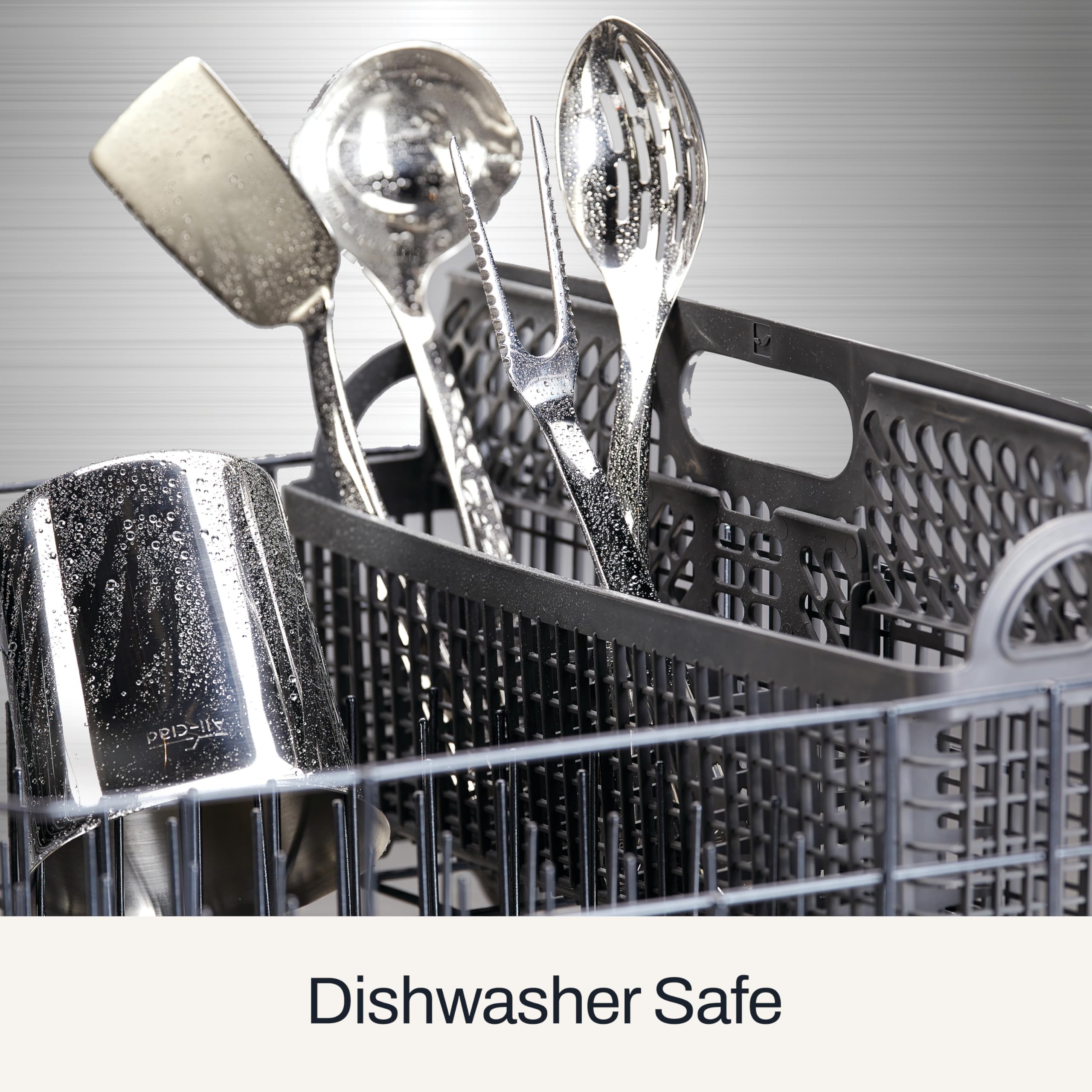 All-Clad ladle hanging on rack to show compact storage and coordinated kitchen presentation