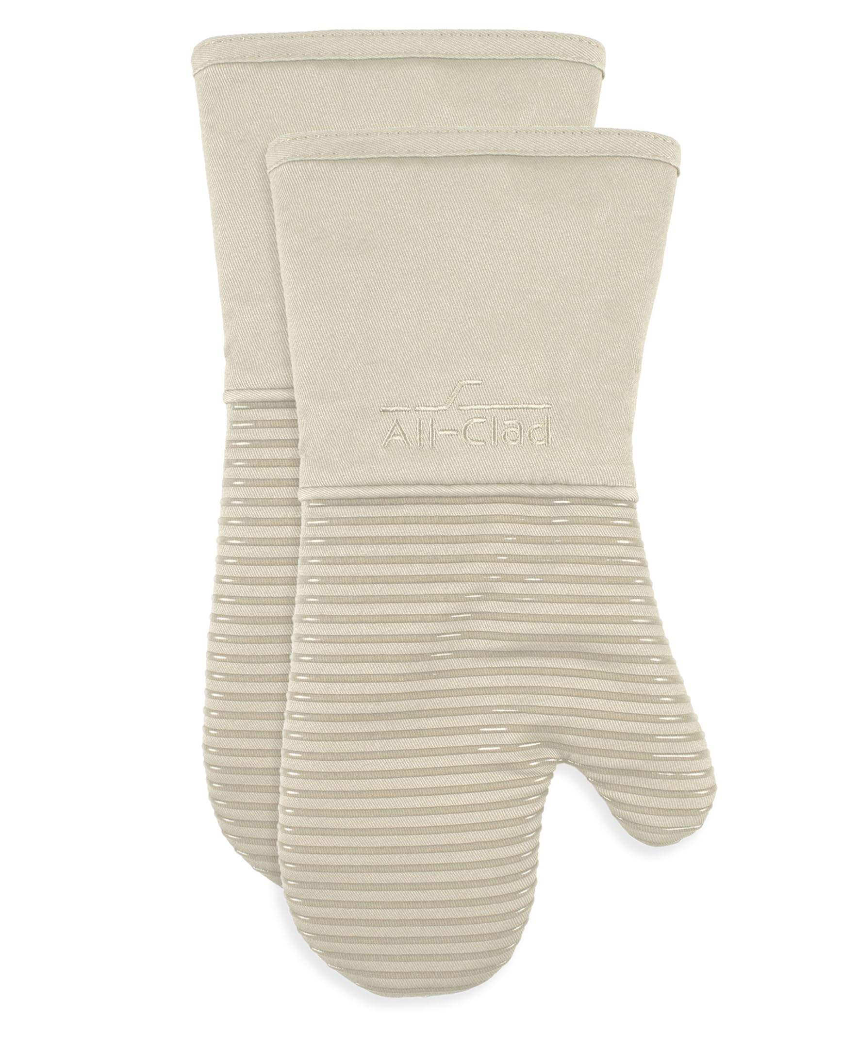 All-Clad front view almond mitt showing full coverage and style benefit