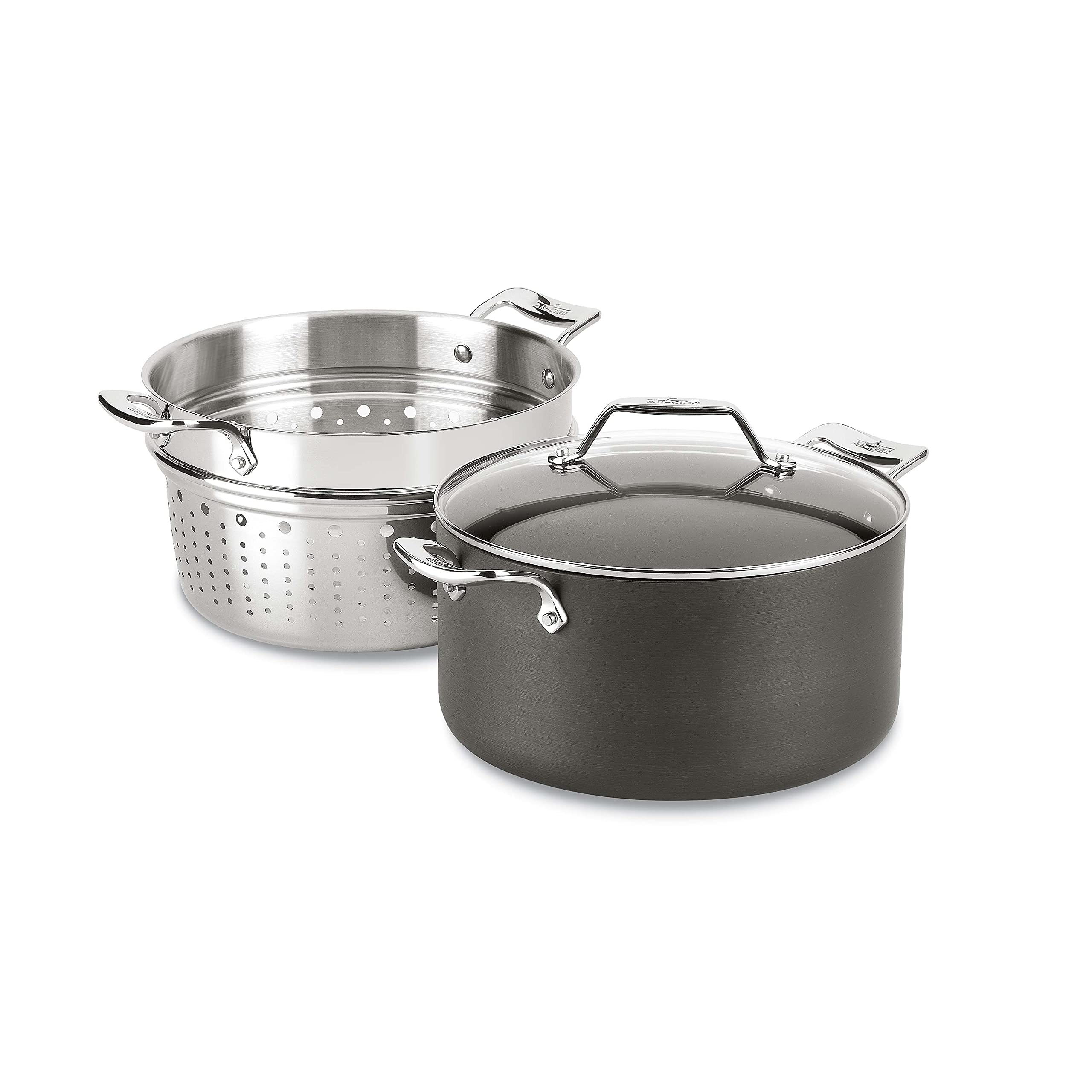 All‑Clad multi‑pot front view showing full shape and lid, brand durability benefit