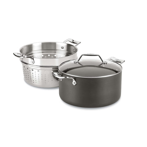 All‑Clad multi‑pot front view showing full shape and lid, brand durability benefit