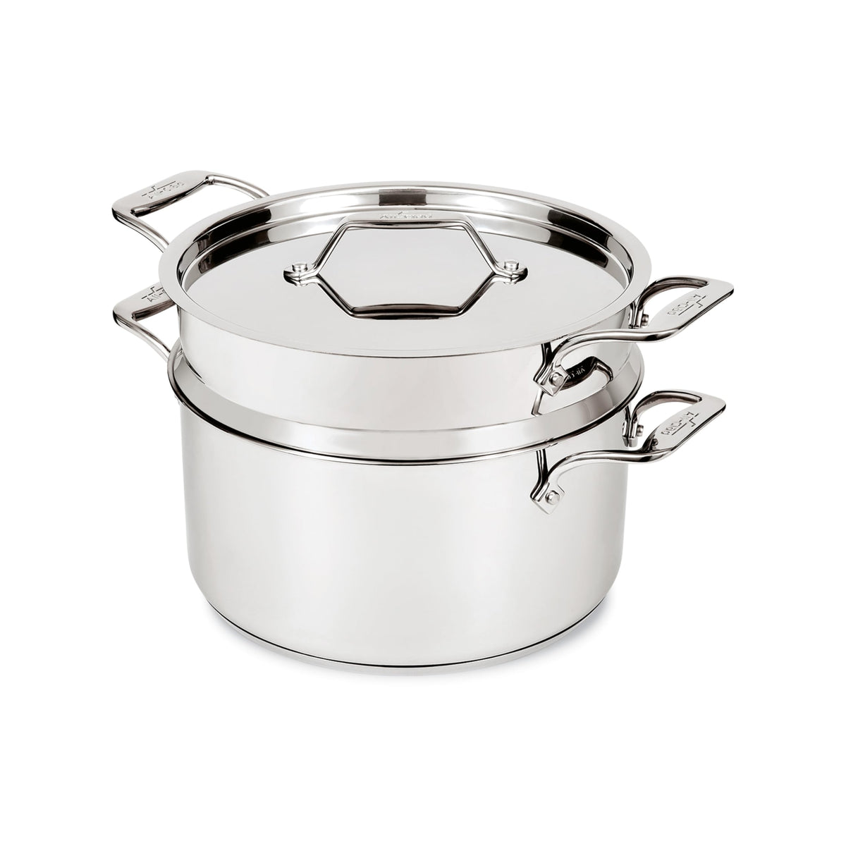 All-Clad multipot front view showing full pot and lid, durable cooking solution