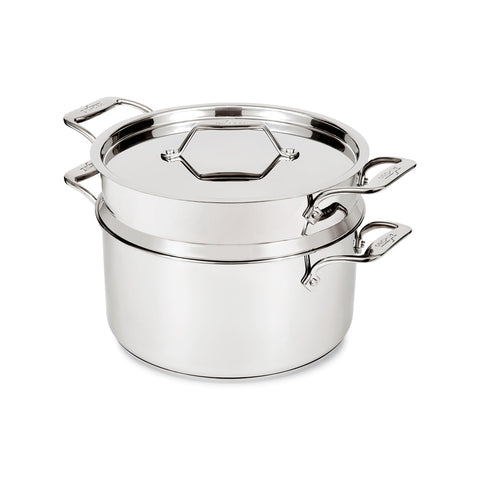 All-Clad multipot front view showing full pot and lid, durable cooking solution