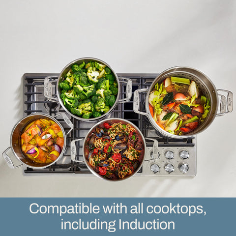 All-Clad multipot in use with a seafood boil, efficient draining and serving