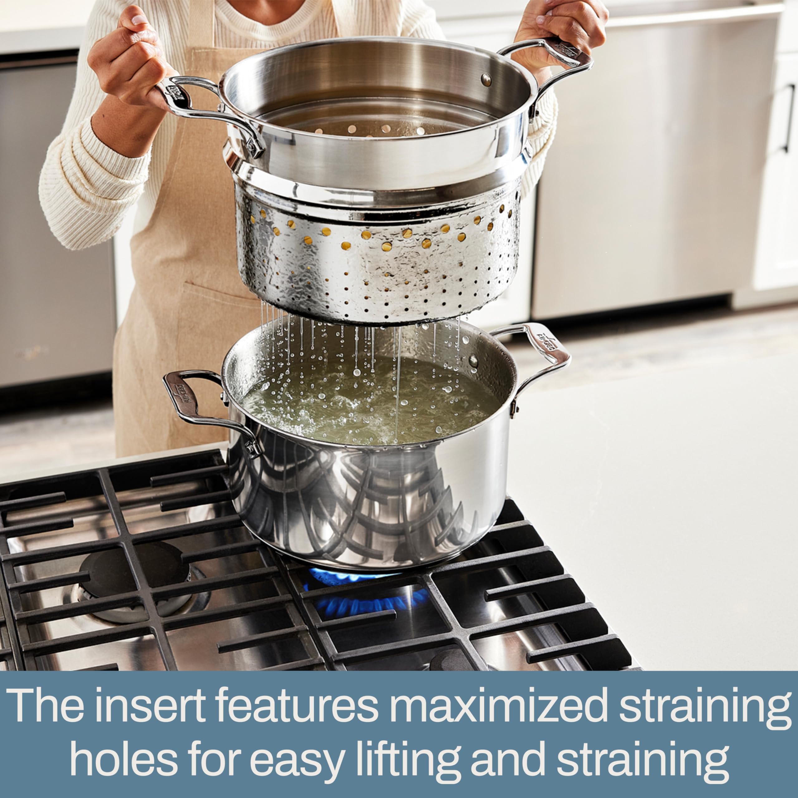 All-Clad side handle detail showing extra-wide handles for secure oven-mitt grip