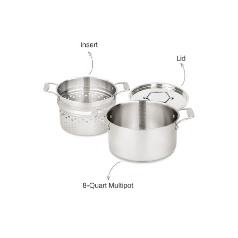 All-Clad multipot size comparison with skillet showing 8-quart capacity for batches