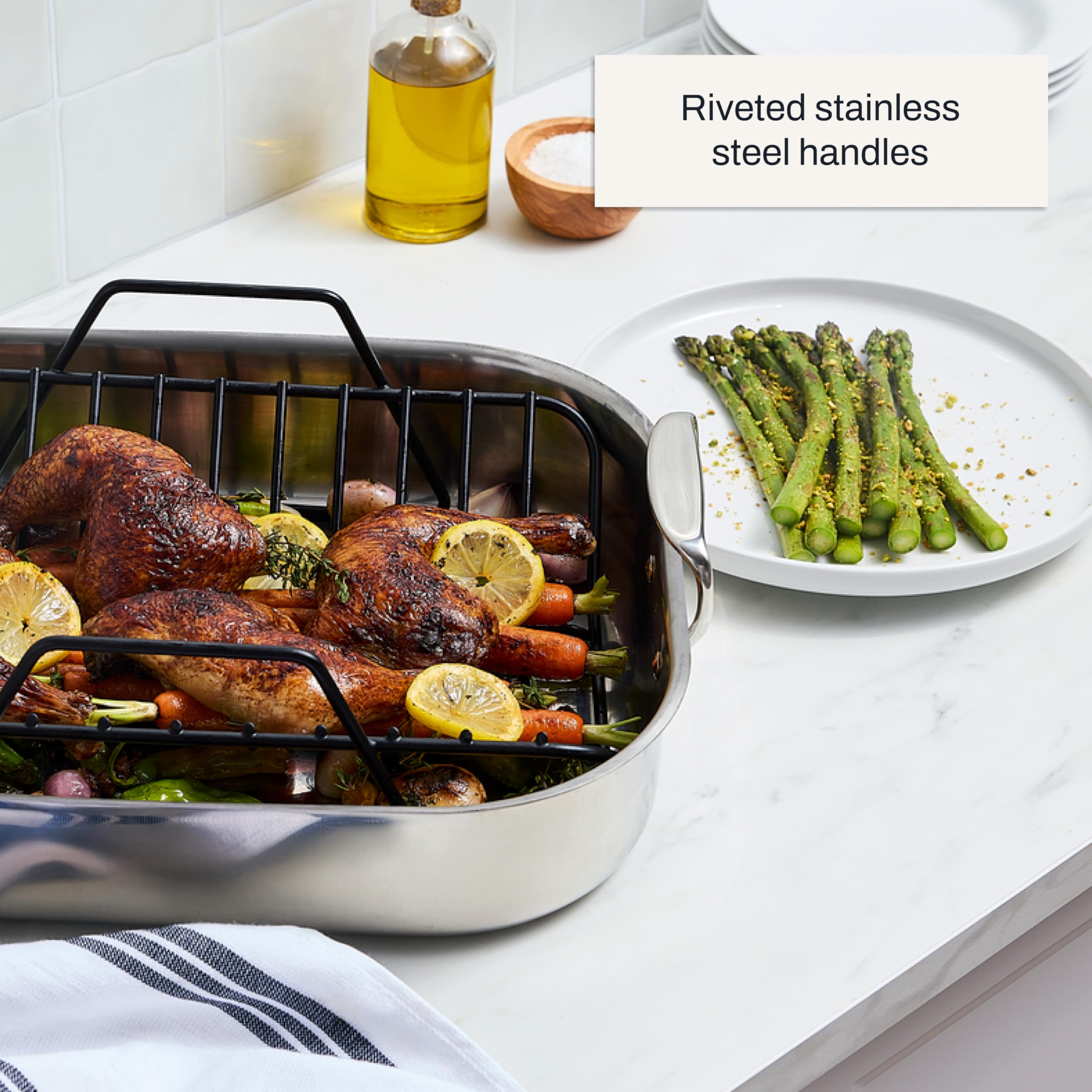 All-Clad nonstick V-rack detail showing elevation for even airflow and easy juice collection