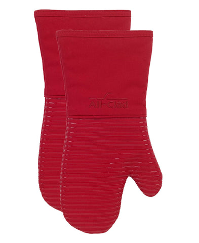 All-Clad oven mitts front packaging showing chili color and features for protection