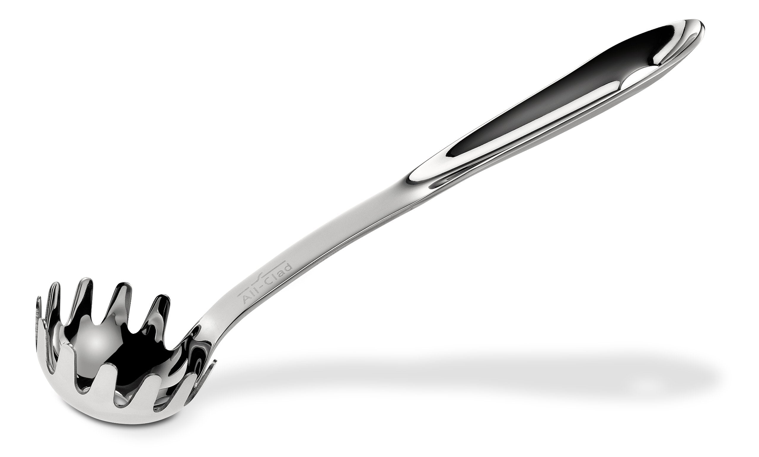 All-Clad pasta ladle front view showing prongs and polished bowl for precise serving