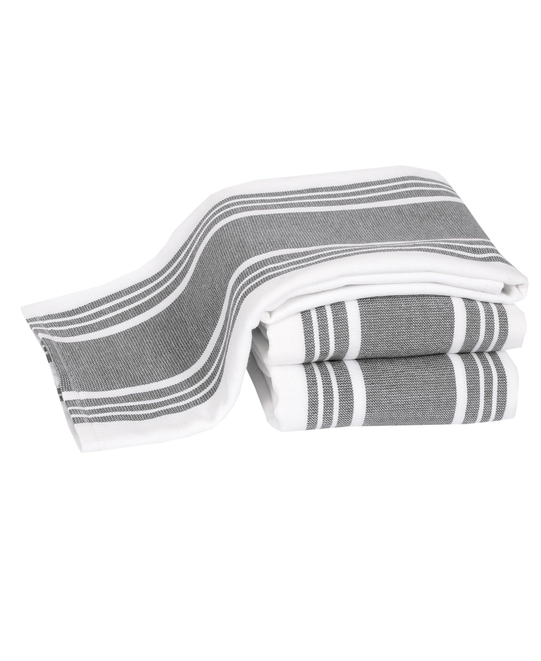 All-Clad pewter 3-pack front view showing neat folded towels and brand label for coordinated kitchens