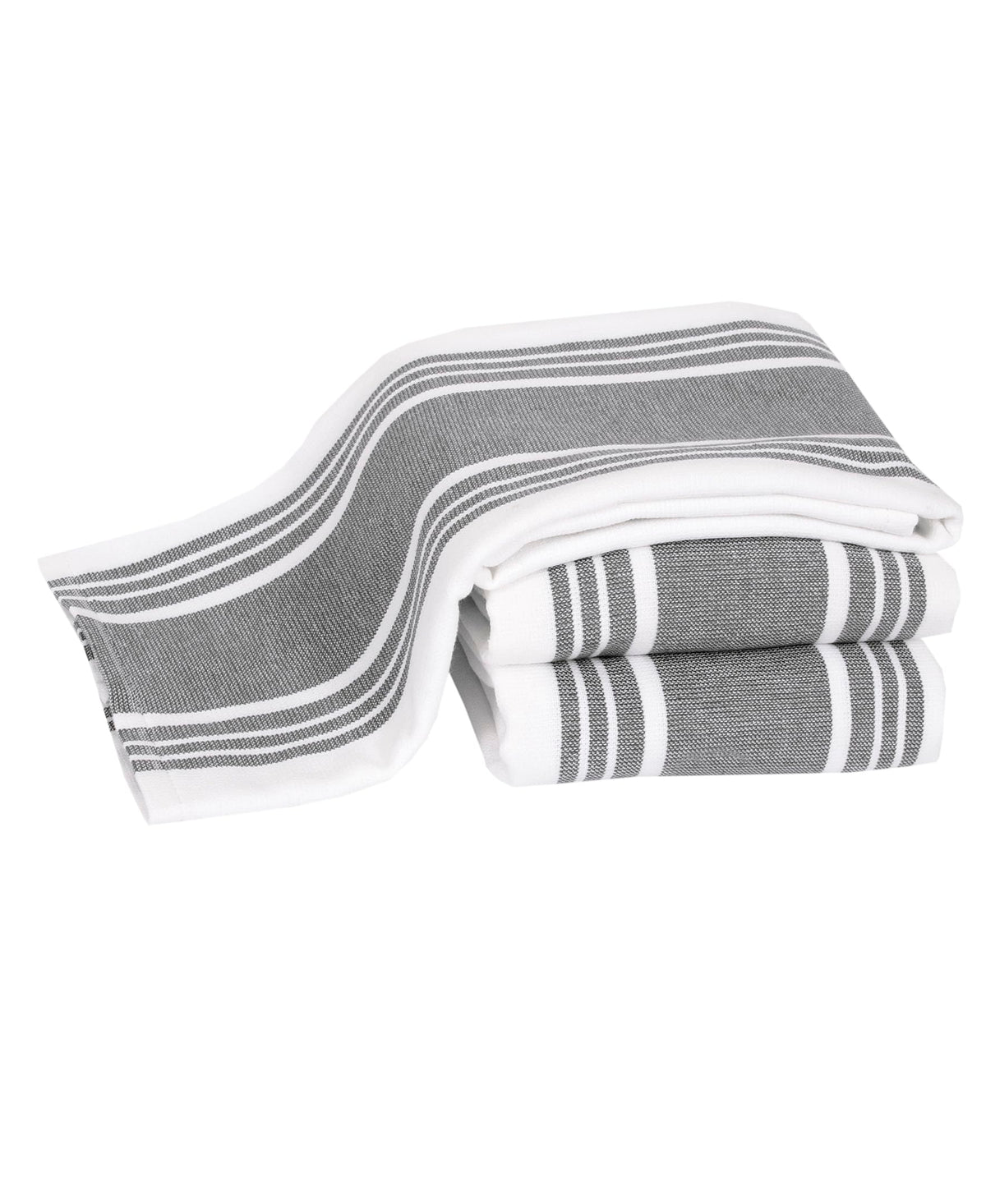 All-Clad pewter 3-pack front view showing neat folded towels and brand label for coordinated kitchens