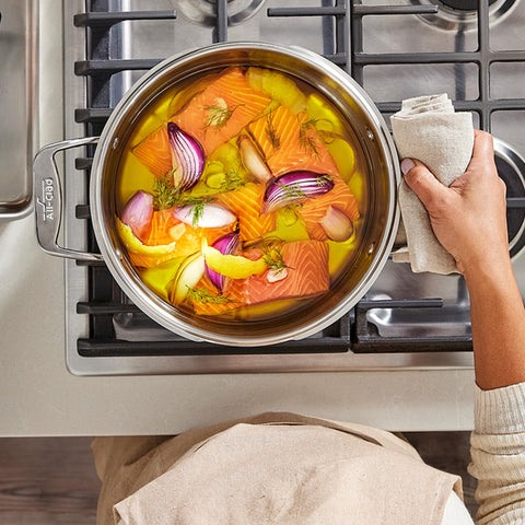 All‑Clad closeup of locking straining lid demonstrating secure, spill‑free draining