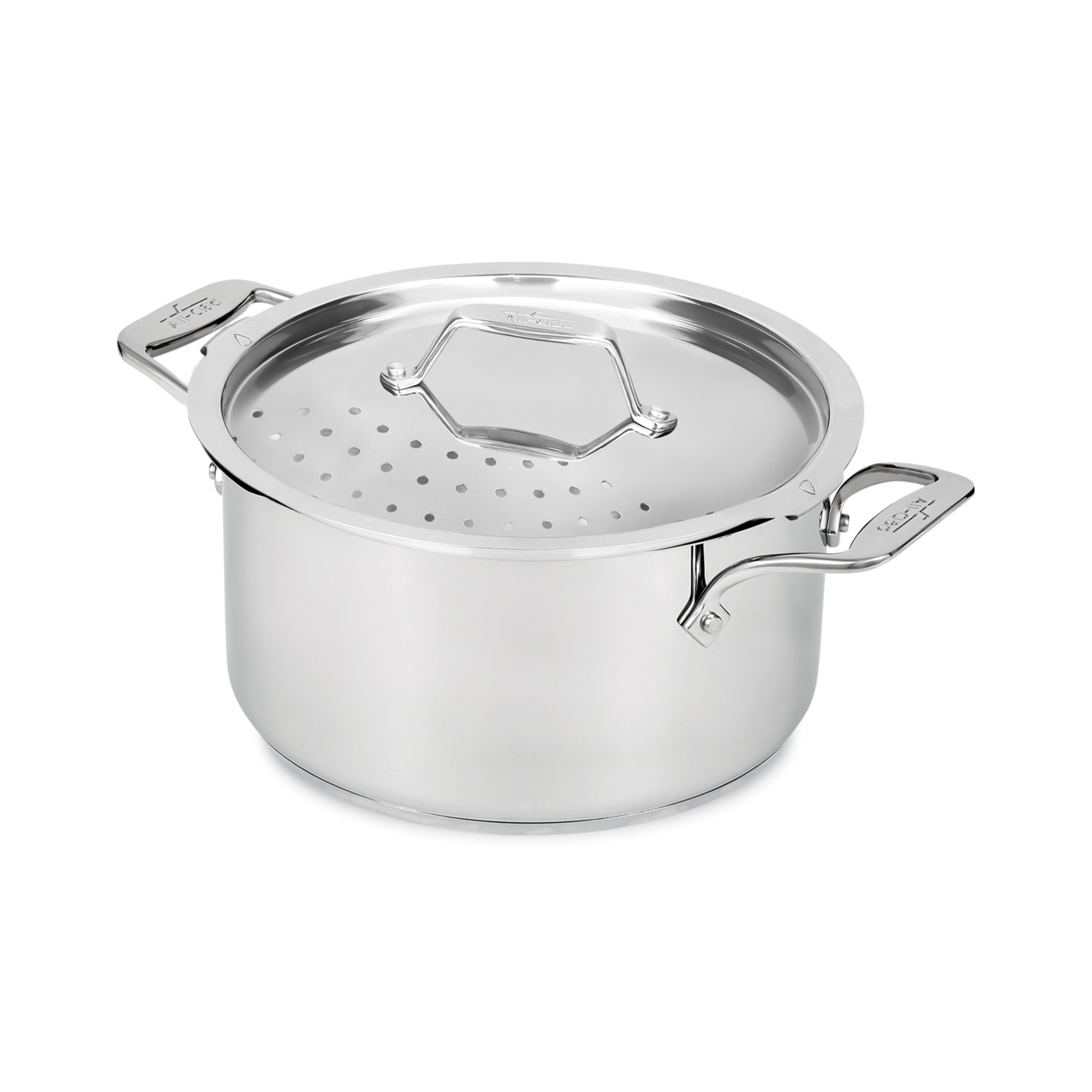 All‑Clad front view of multipot showing polished stainless finish and capacity benefit