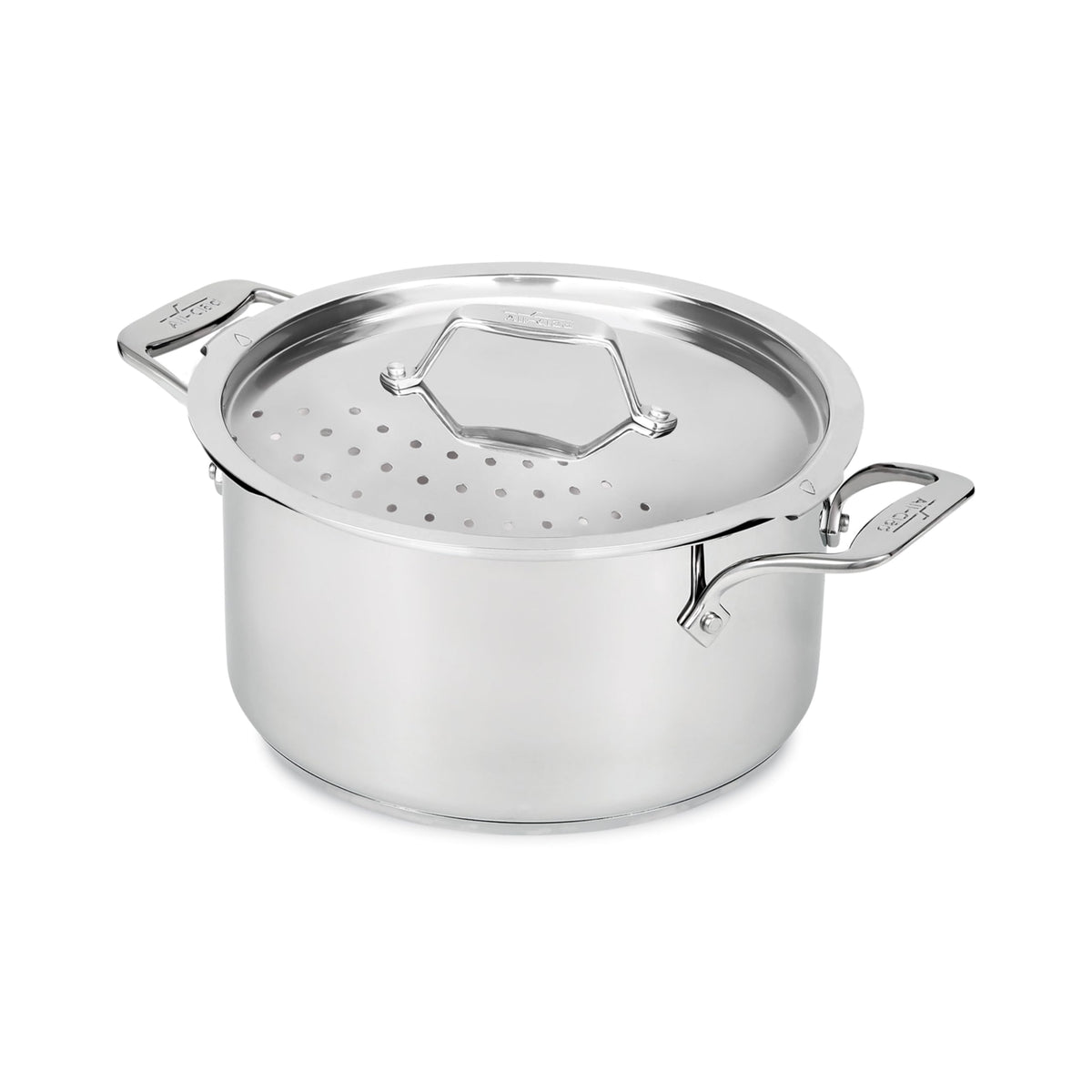All‑Clad front view of multipot showing polished stainless finish and capacity benefit