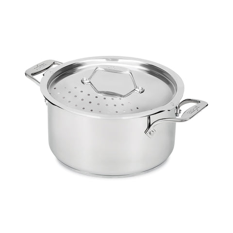 All‑Clad front view of multipot showing polished stainless finish and capacity benefit
