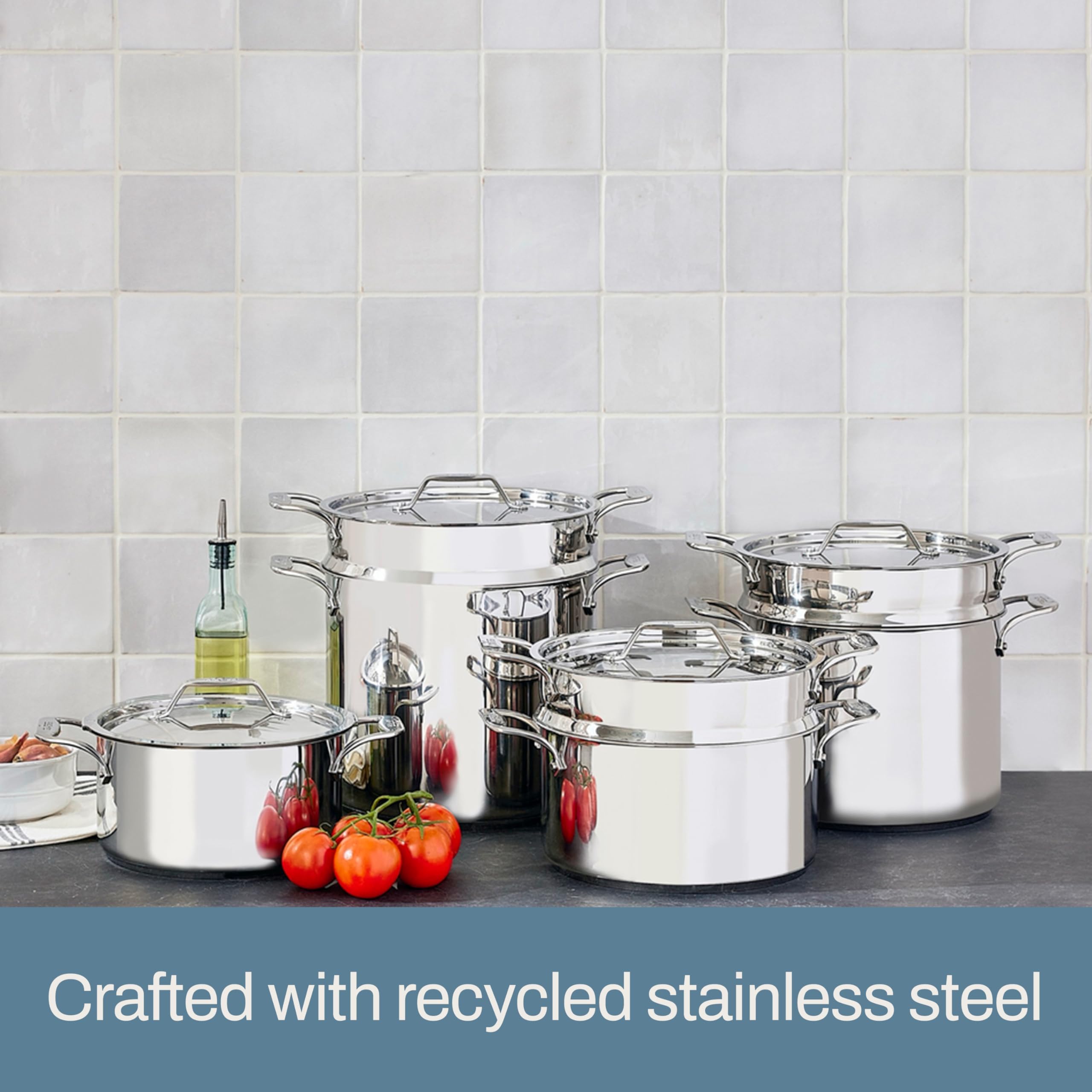 All‑Clad pouring drained pasta through lid highlighting convenient single‑pot serving