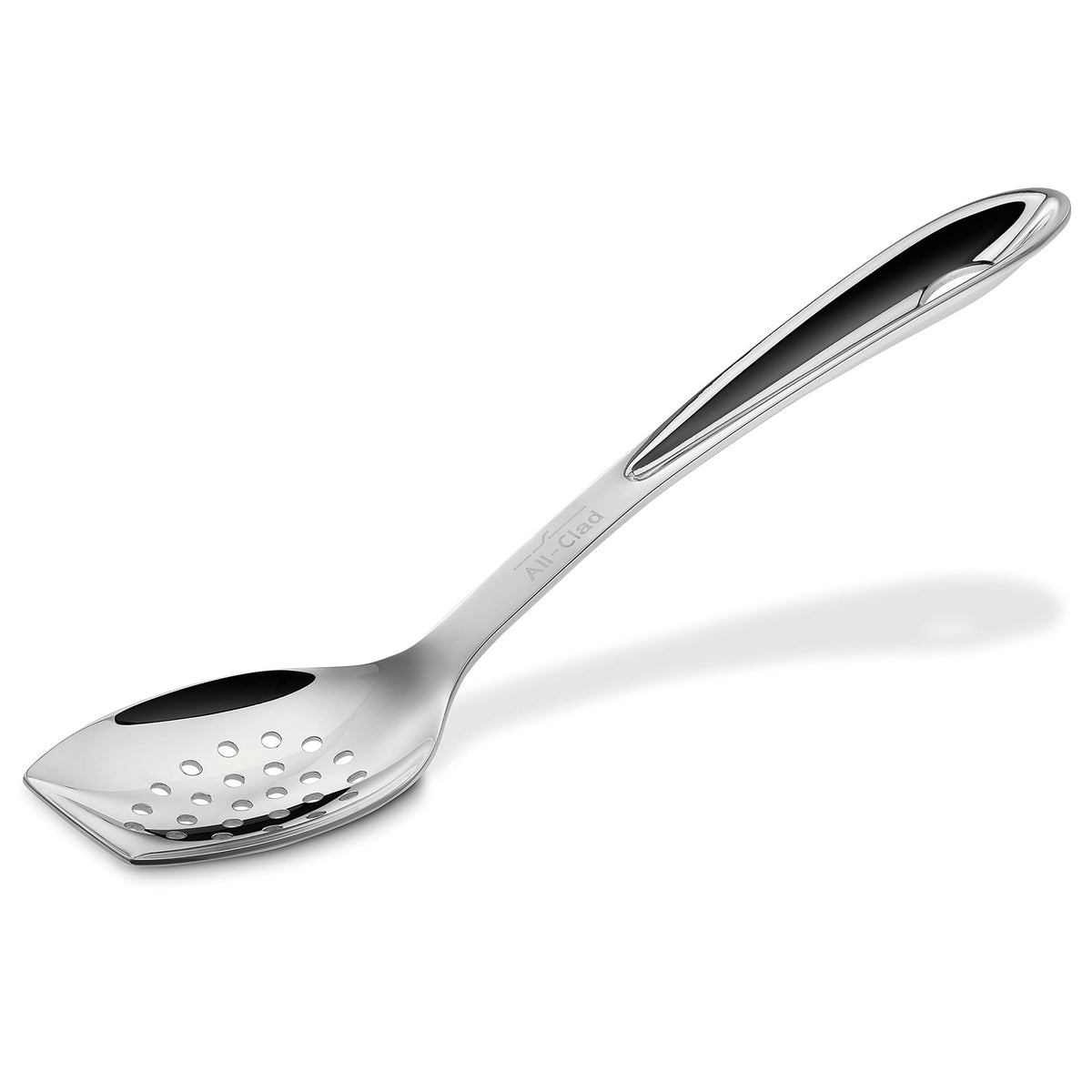 All-Clad slotted spoon front view showing polished stainless and clean lines for durability
