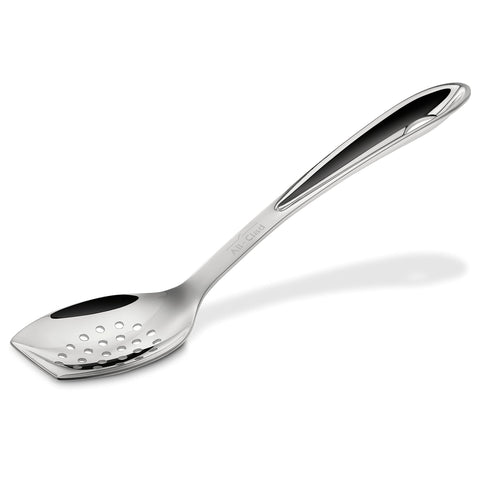 All-Clad slotted spoon front view showing polished stainless and clean lines for durability