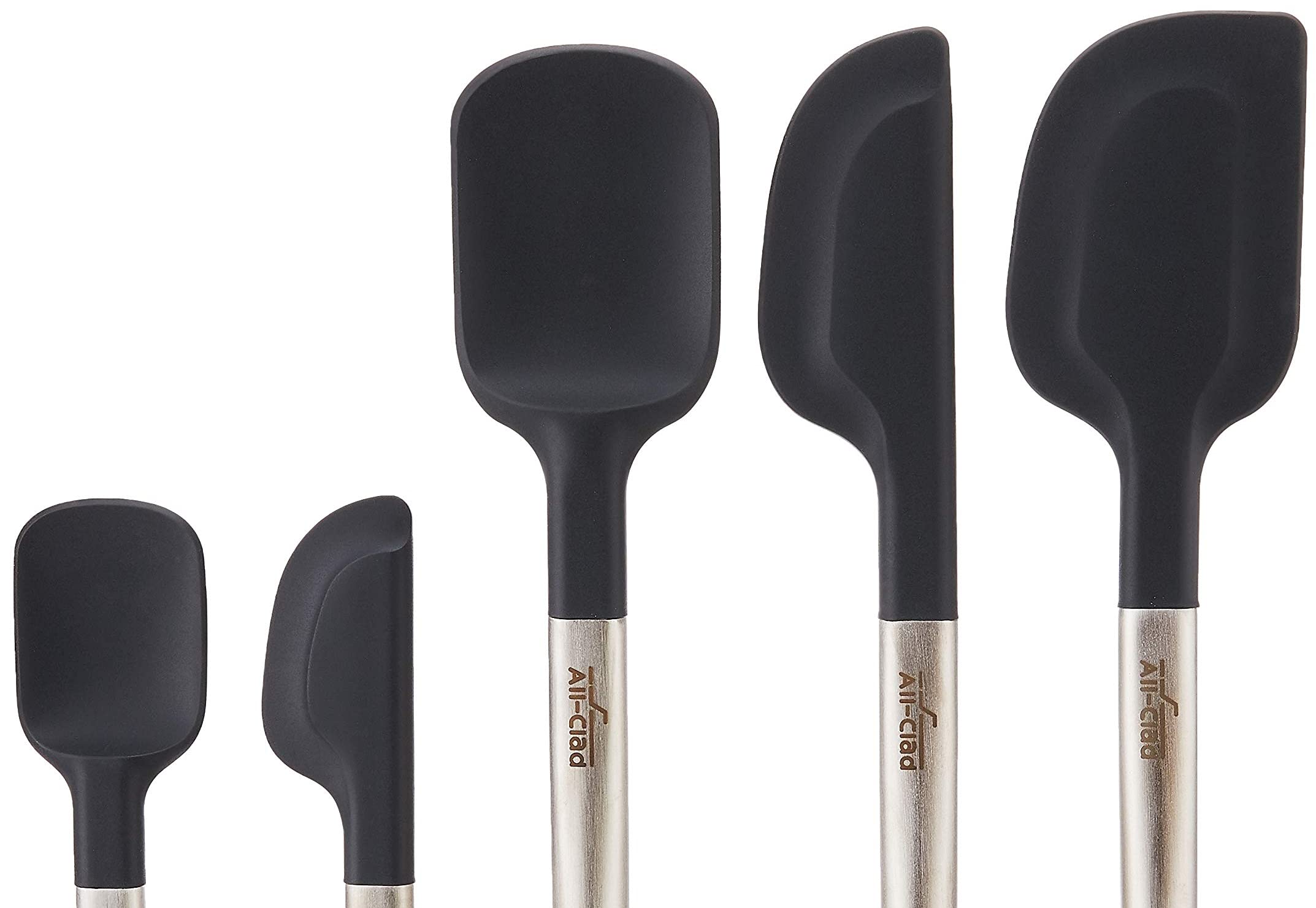 All-Clad spoonula side profile demonstrating scoop shape benefit: precise stirring and serving