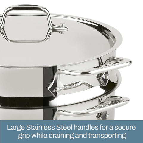 All‑Clad double‑riveted loop handle closeup, secure grip and safe lifting benefit