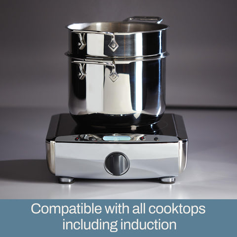 All‑Clad steamer in use with vegetables steaming, fast even cooking benefit
