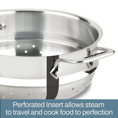 All‑Clad polished stainless finish reflecting light, elegant stovetop presentation benefit